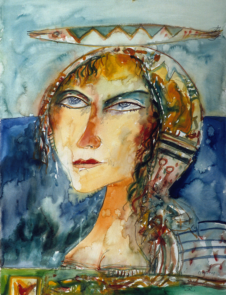 coloured painting of a woman with a headscarf and blue background