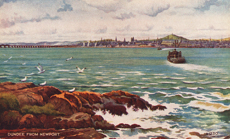 coloured postcard of the river Tay taken from Newport looking over to Dundee with a boat on the river and Dundee city in the horizon