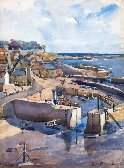 oil painting of Crail harbour, with harbour walls and ships in the foregorund, houses to the left mid ground and the north sea in the background