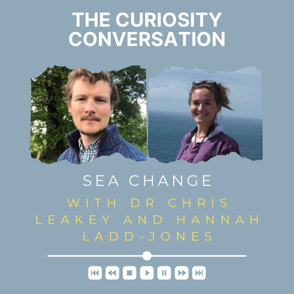 a blue square with The Curiosity Conversation at the top in white, two photos of Dr Chris Leaky and Hannah Ladd-Jones underneath, the words Sea Change with Dr Chris Leaky and Hannah Ladd-Jones, a white search bar and rewind, stop, play, pause and fast forward buttons in white at the bottom